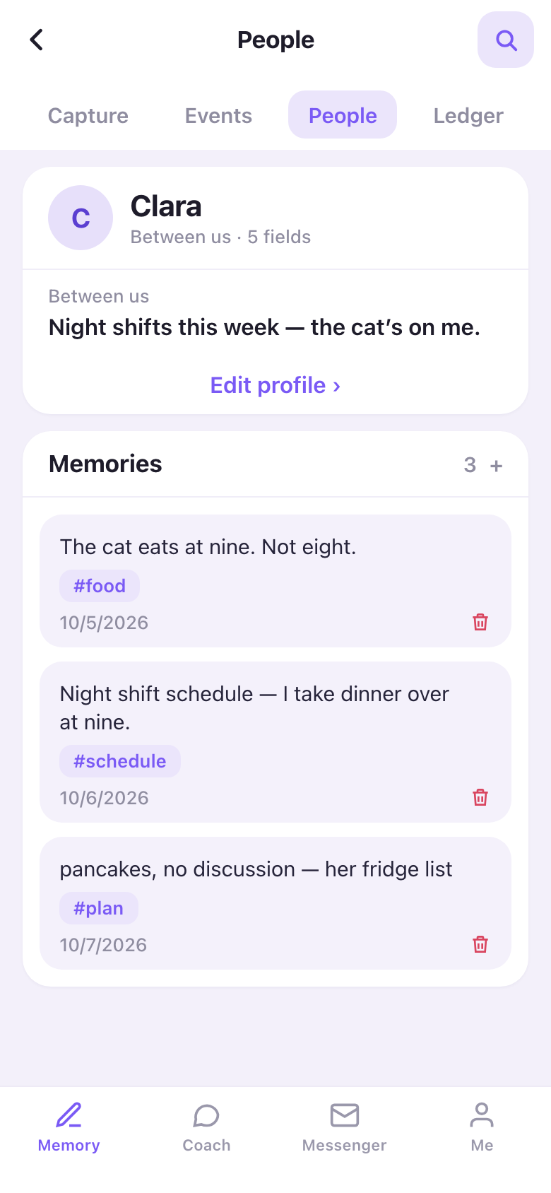 The app: Clara’s profile — the cat eats at nine, the fridge list, the night-shift schedule