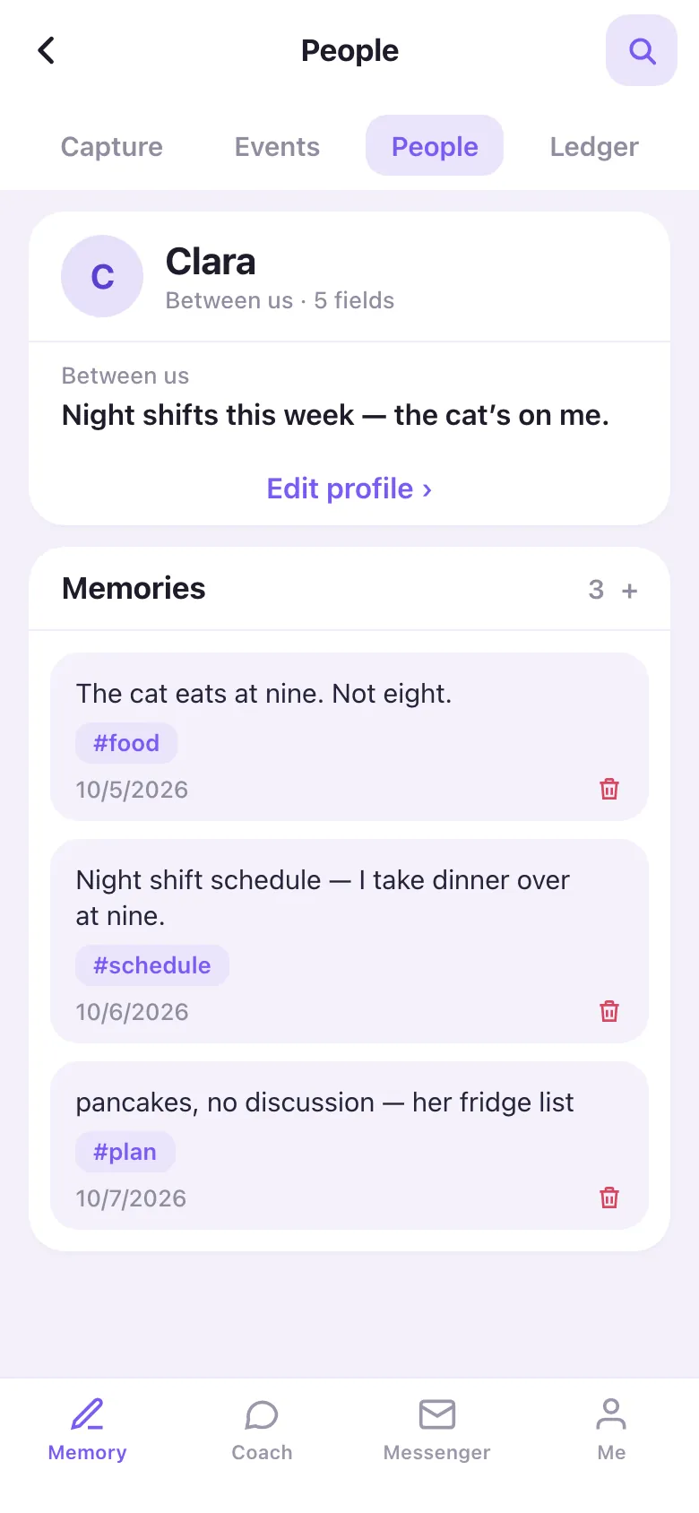 The app: Clara’s profile — the cat eats at nine, the fridge list, the night-shift schedule