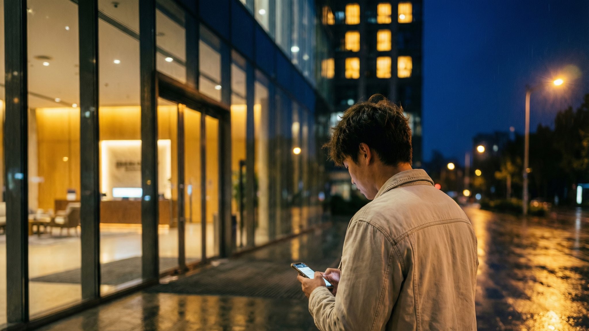Just outside the glass lobby at night — three bare lines on the phone, and Tied Notes drafting the message