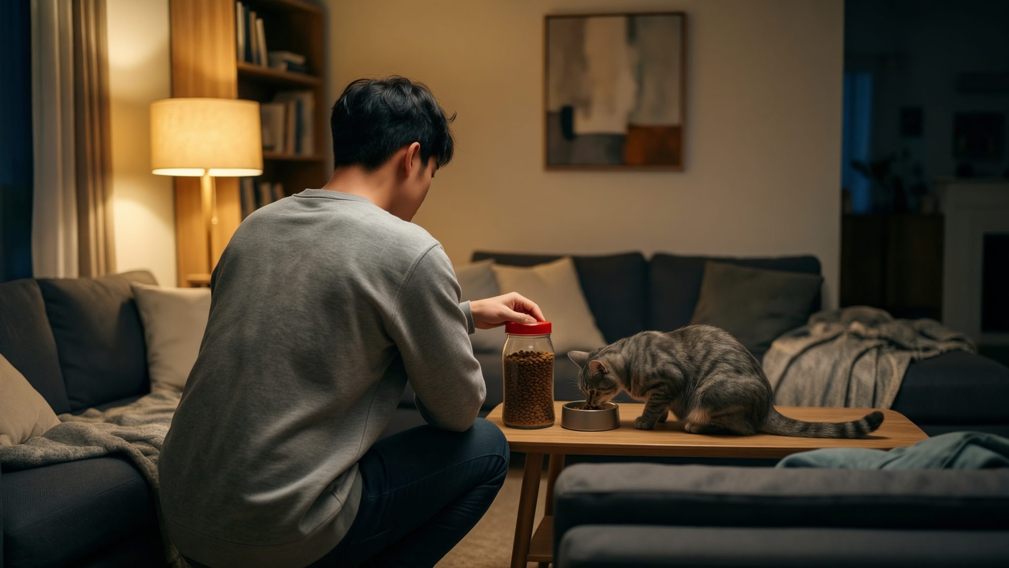 The new routine — you scooping the cat’s dinner while it eats